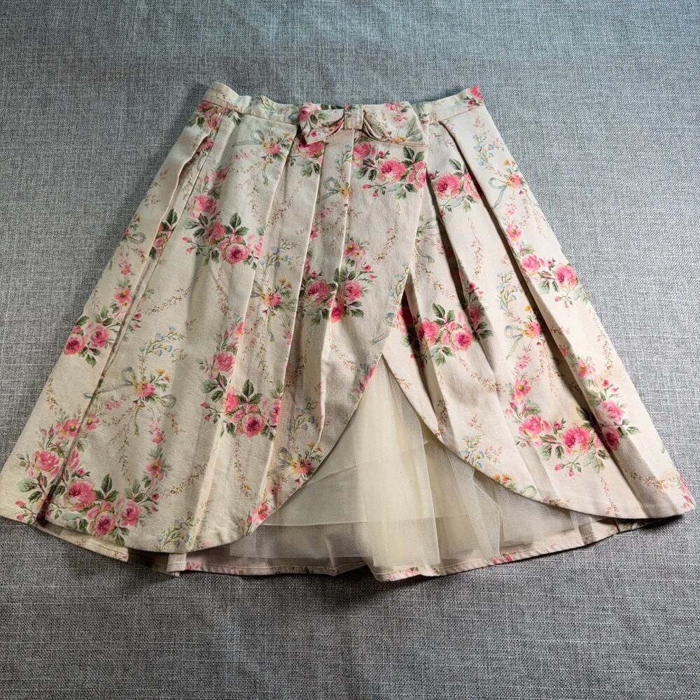 Manoush Floral Pleated Skirt Womens 40 Tulle Lined Cottagecore Coquette Midi